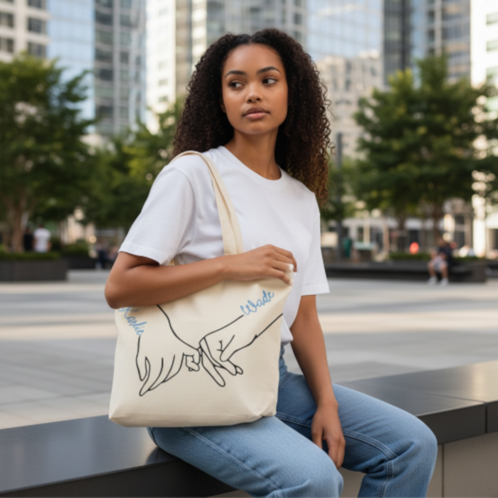 Tote bag mains entrelacées personnalisé – Sac cadeau prénoms