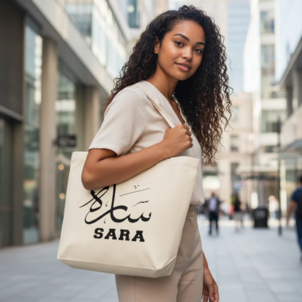 Tote bag prénom personnalisé en arabe & français – Sac cadeau unique