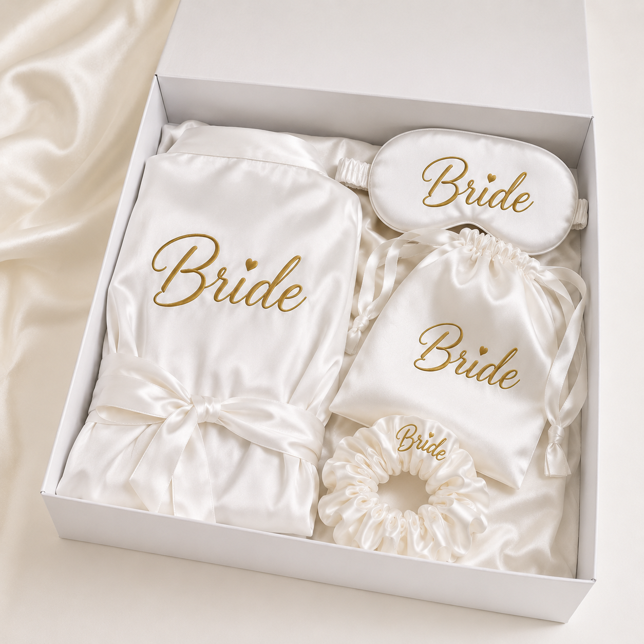 👰 Coffret Mariée Personnalisé – Peignoir Satin, Masque &amp; Pochette