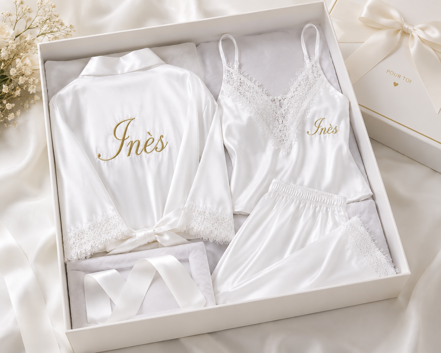 💖 Coffret Élégance Personnalisé – Peignoir &amp; Ensemble Satin 4 Pièces
