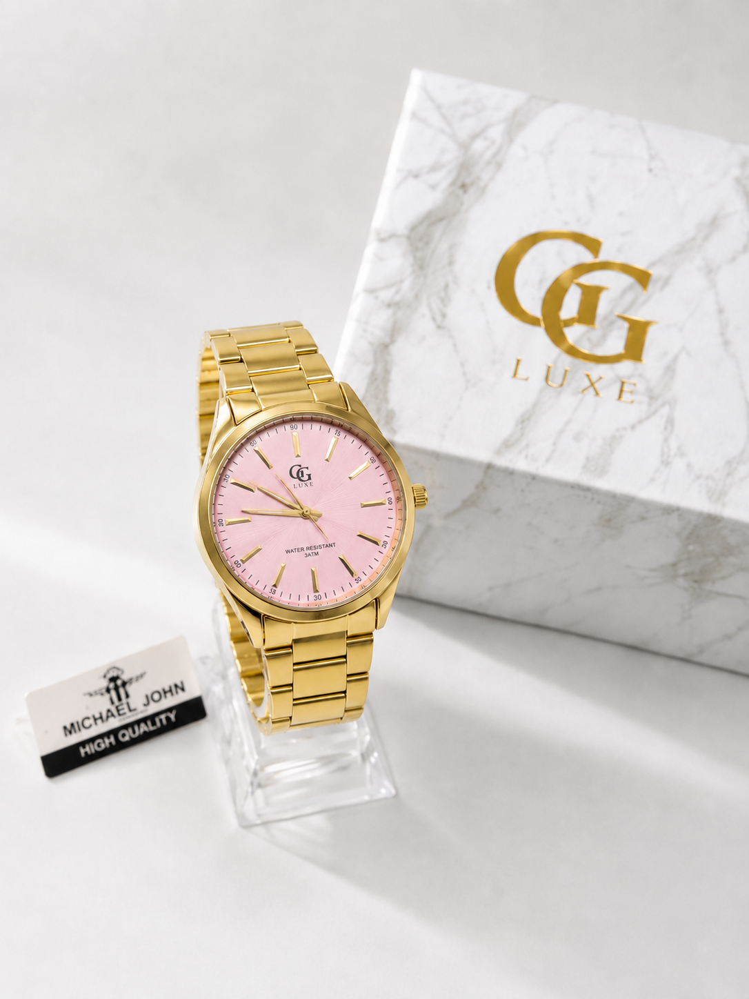 Montre Femme Dorée en Acier Inoxydable – Cadran Rose & Boîte Cadeau Incluse
