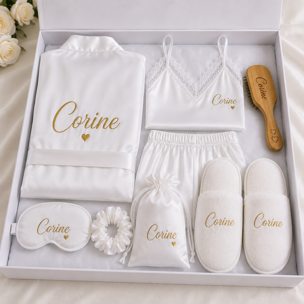 Coffret Luxe Personnalisé – Peignoir, Pyjama Satin &amp; Accessoires