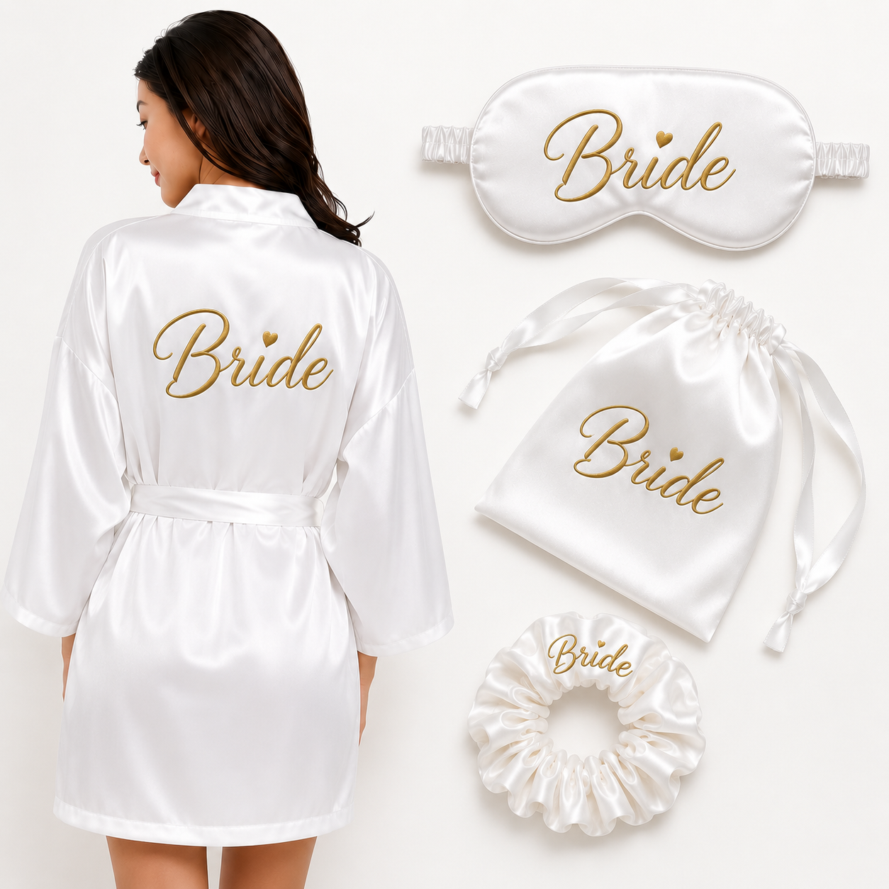 👰 Coffret Mariée Personnalisé – Peignoir Satin, Masque &amp; Pochette