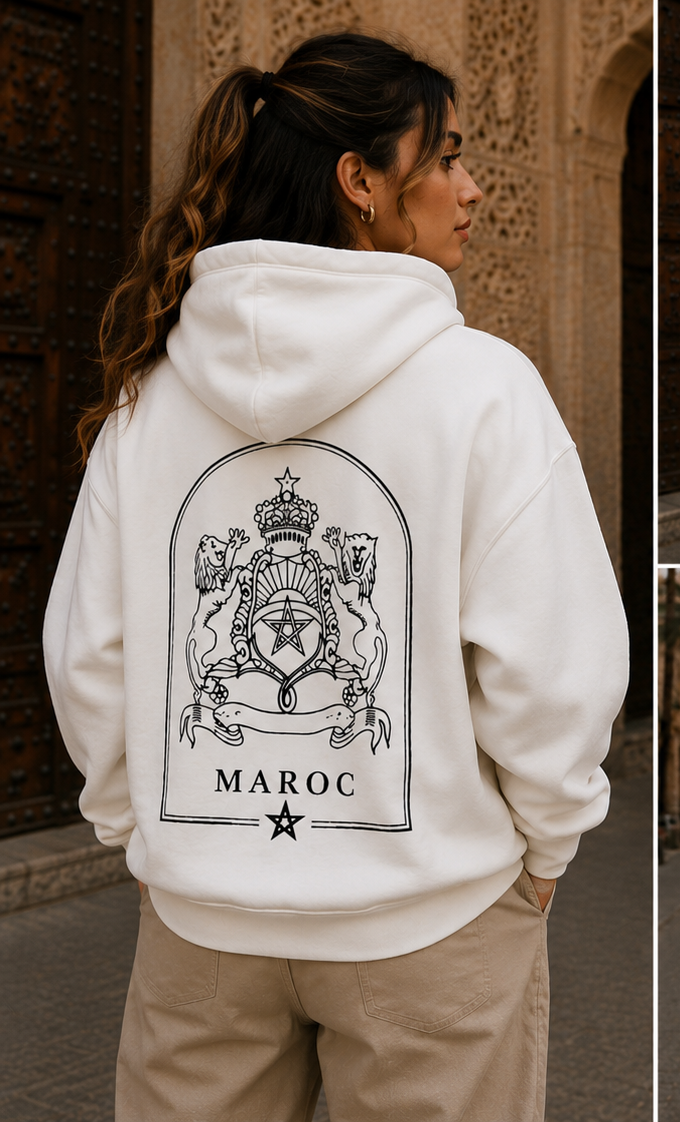 Pull à capuche Maroc Premium – Blanc &amp; Noir 🇲🇦