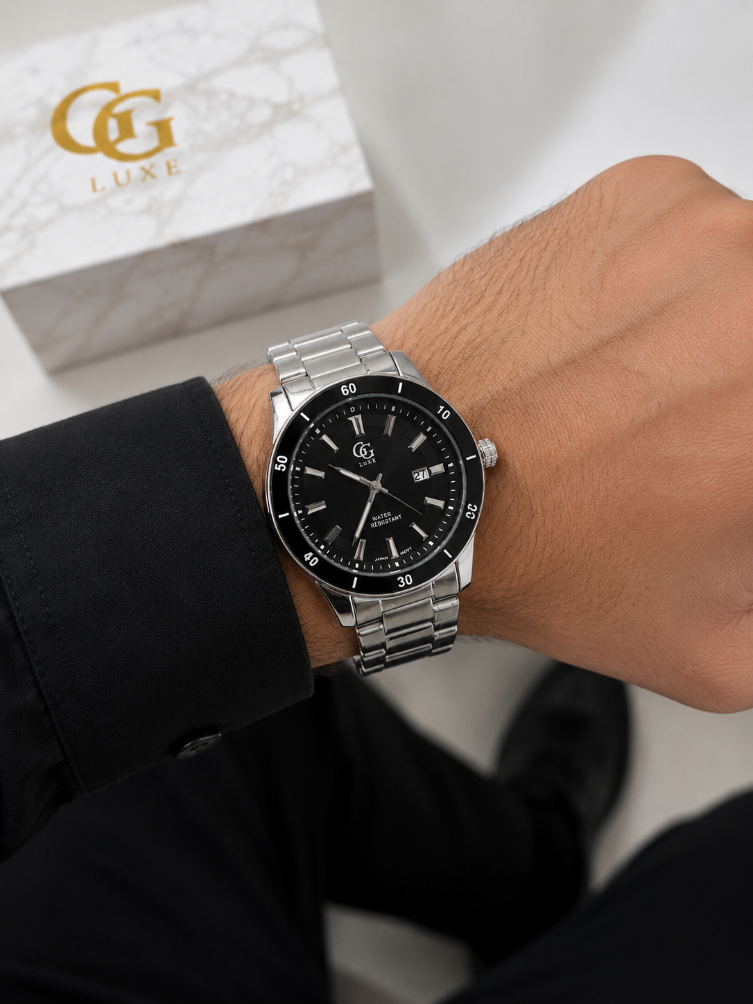 Montre Étanche Homme en Acier Inoxydable – Cadran Noir & Boîte Cadeau