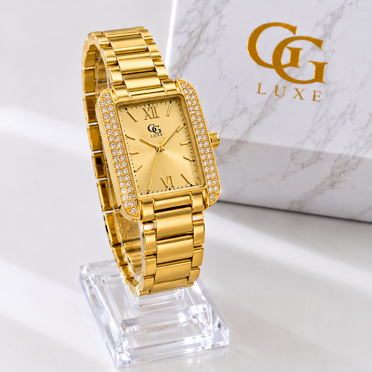 Montre Femme Dorée Rectangulaire GG LUXE – Élégance & Brillance Intemporelle