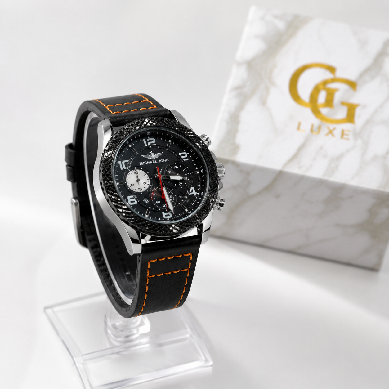 Montre Michael John Homme – Acier Inoxydable &amp; Bracelet Cuir Noir – Boîte Cadeau Incluse