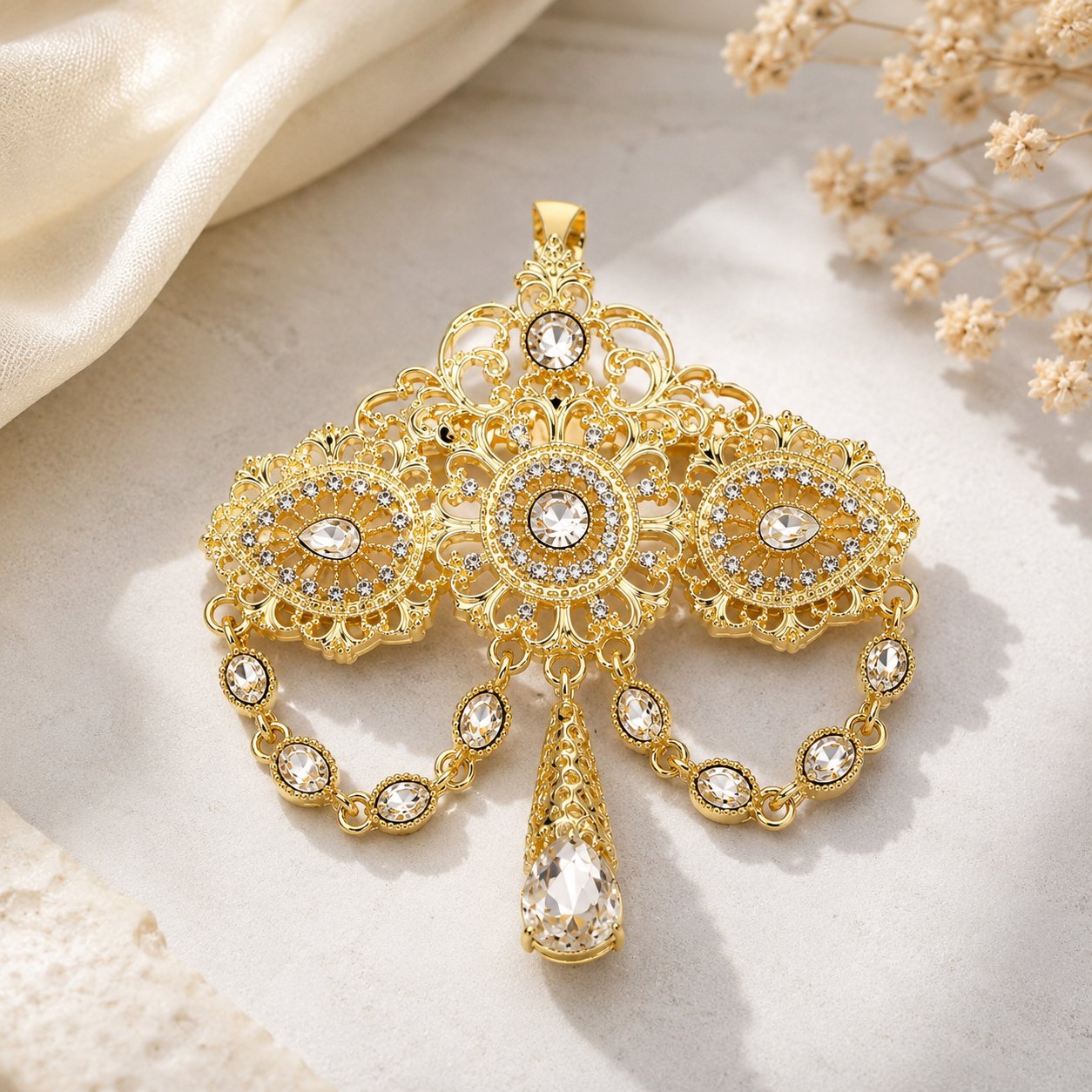Broche Marocaine Royale Dorée – Élégance Orientale &amp; Strass Brillants
