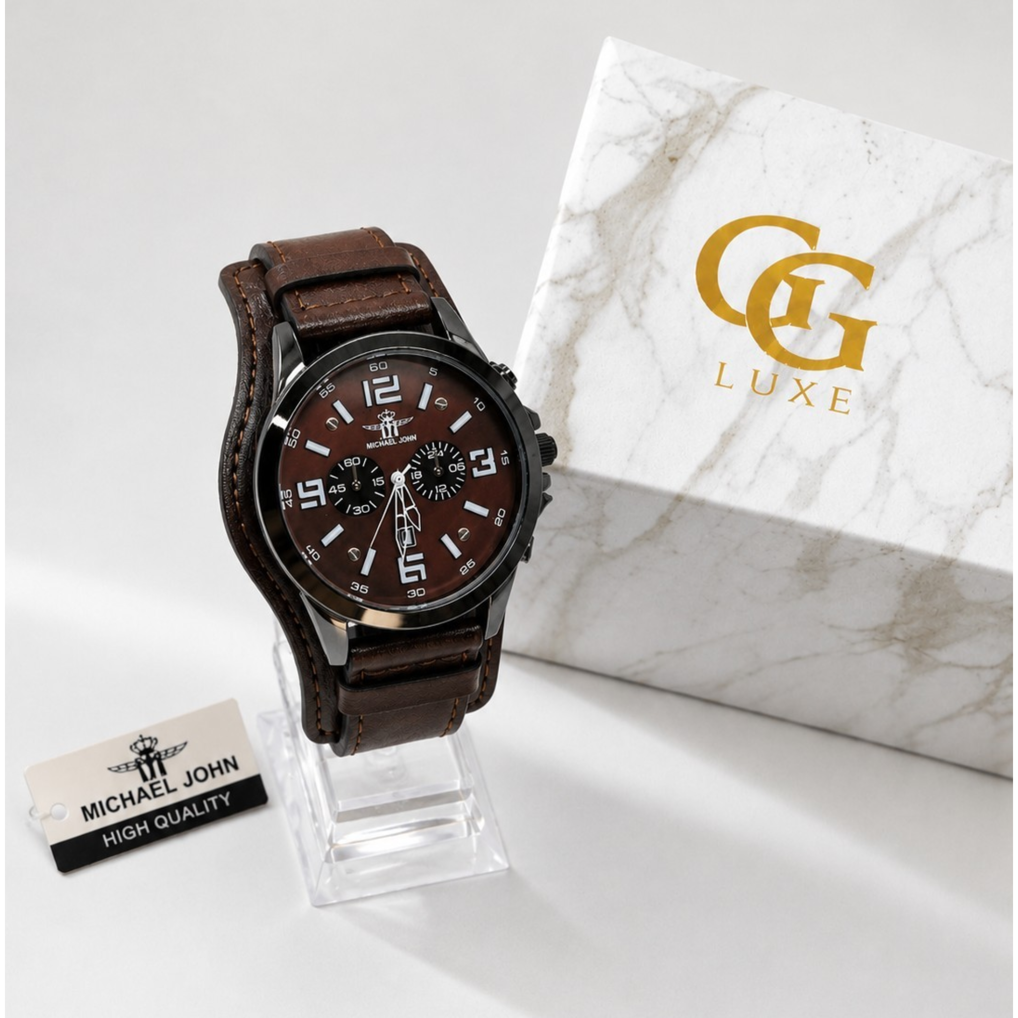 Montre Michael John Homme Marron – Cuir Véritable & Boîte Cadeau